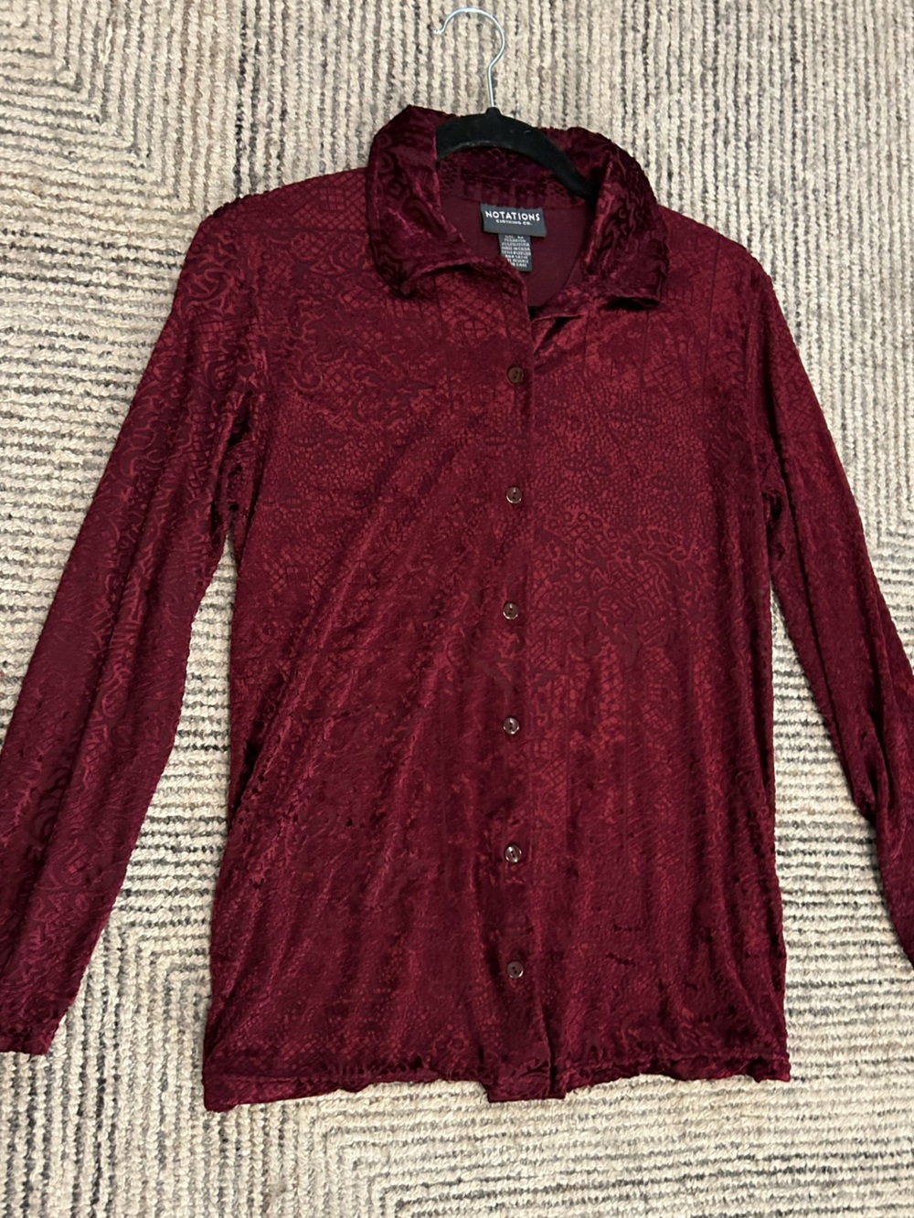 Burnout Velvet Button down longsleeve Top Burgundy Whimsigoth Size M